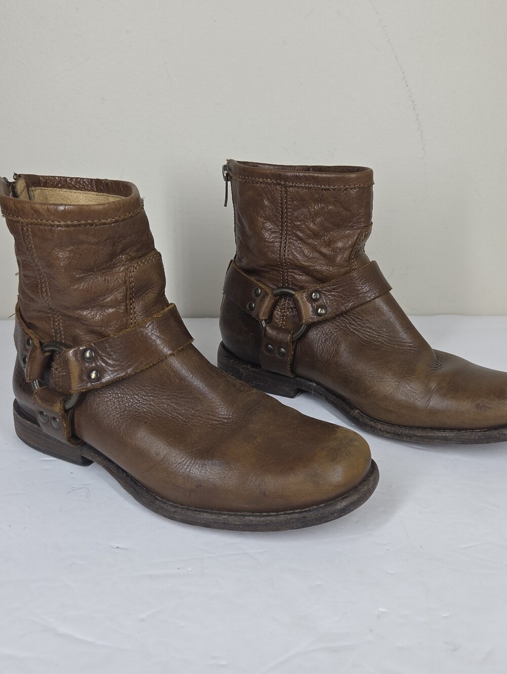 Frye Phillip Harness Leather Boots Short Bootie Womens Brown 6.5 Back Zip Moto